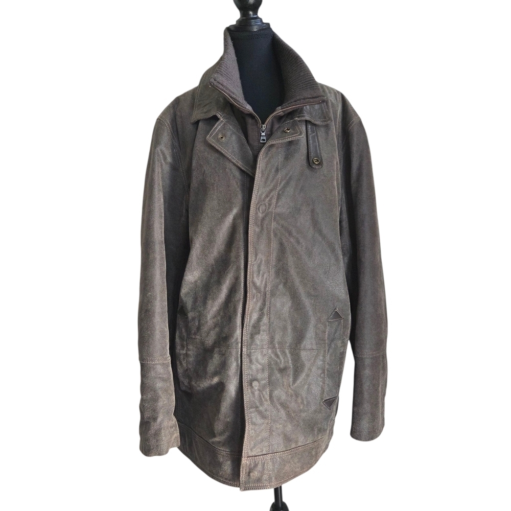 Danier Brown Leather Jacket with Ribbed Collars and Distressed Finish Size L